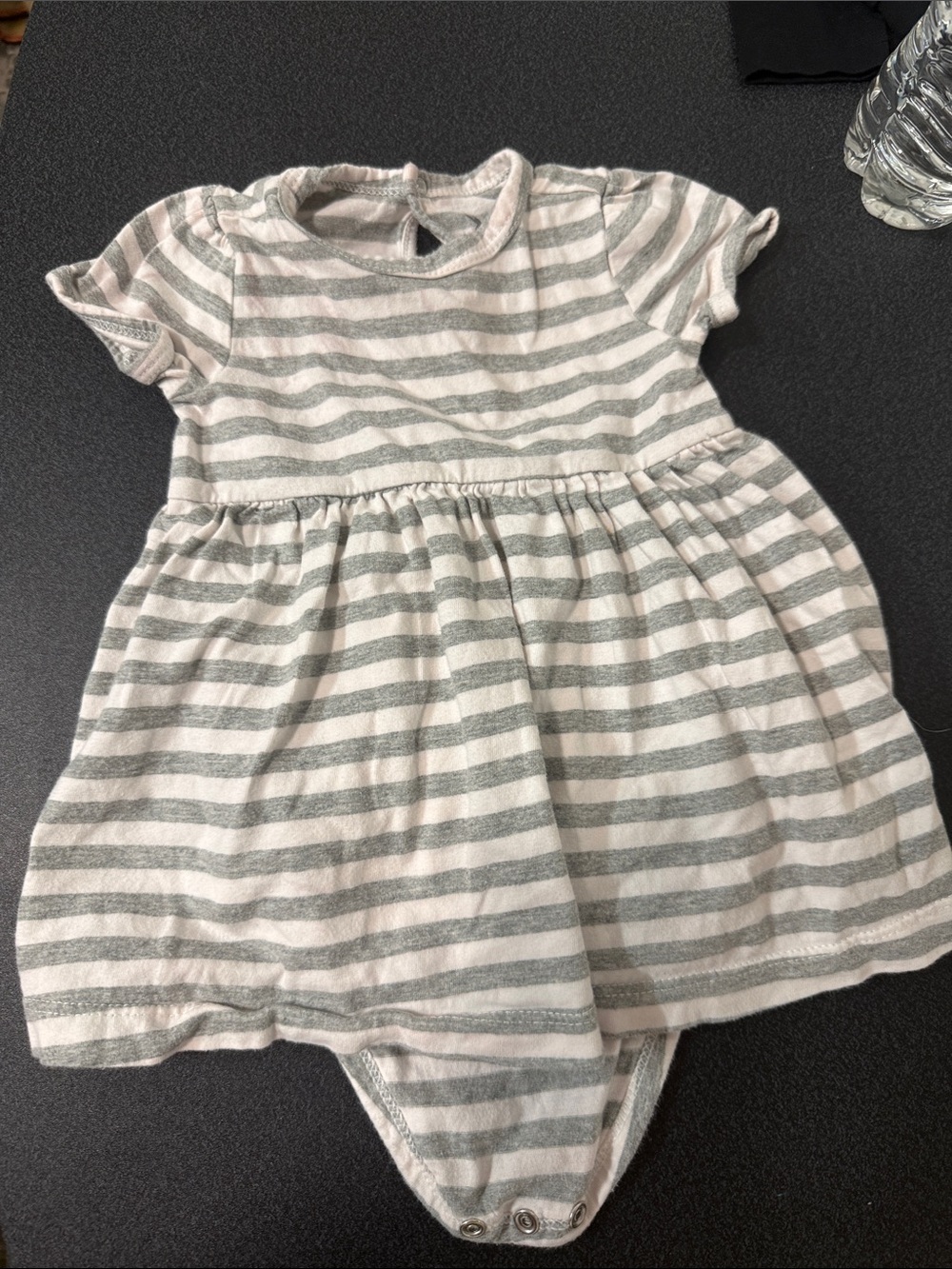 Primary Pink and Gray Striped Baby Dress Onesie
